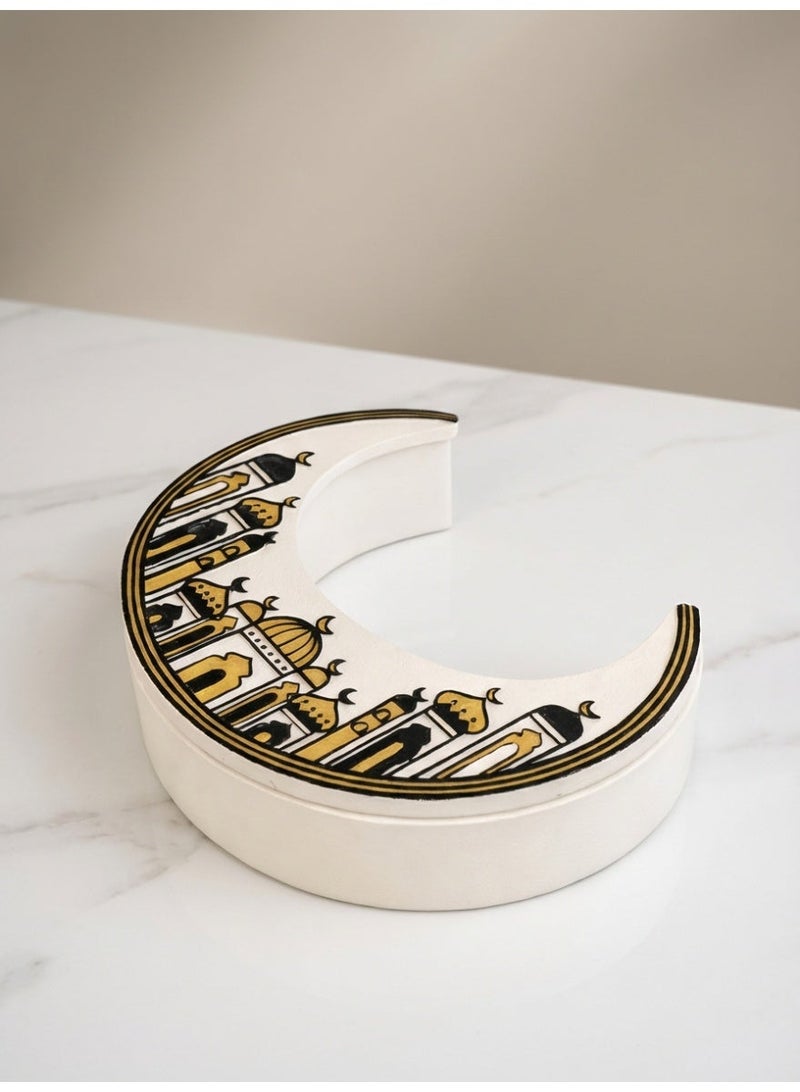 Tanseeq Elegant White Resin Crescent Moon Serving Box with Gold Mosque Design Ramadan Decor Eid Dates Holder Nut Tray Islamic Table Centerpiece Gift - Image 1